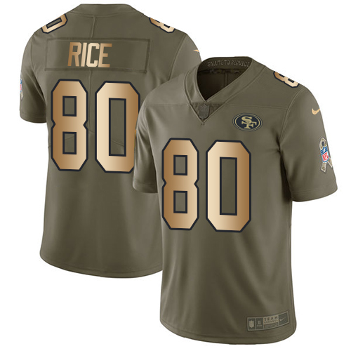 Nike 49ers #80 Jerry Rice Olive/Gold Men's Stitched NFL Limited Salute To Service Jersey - Click Image to Close